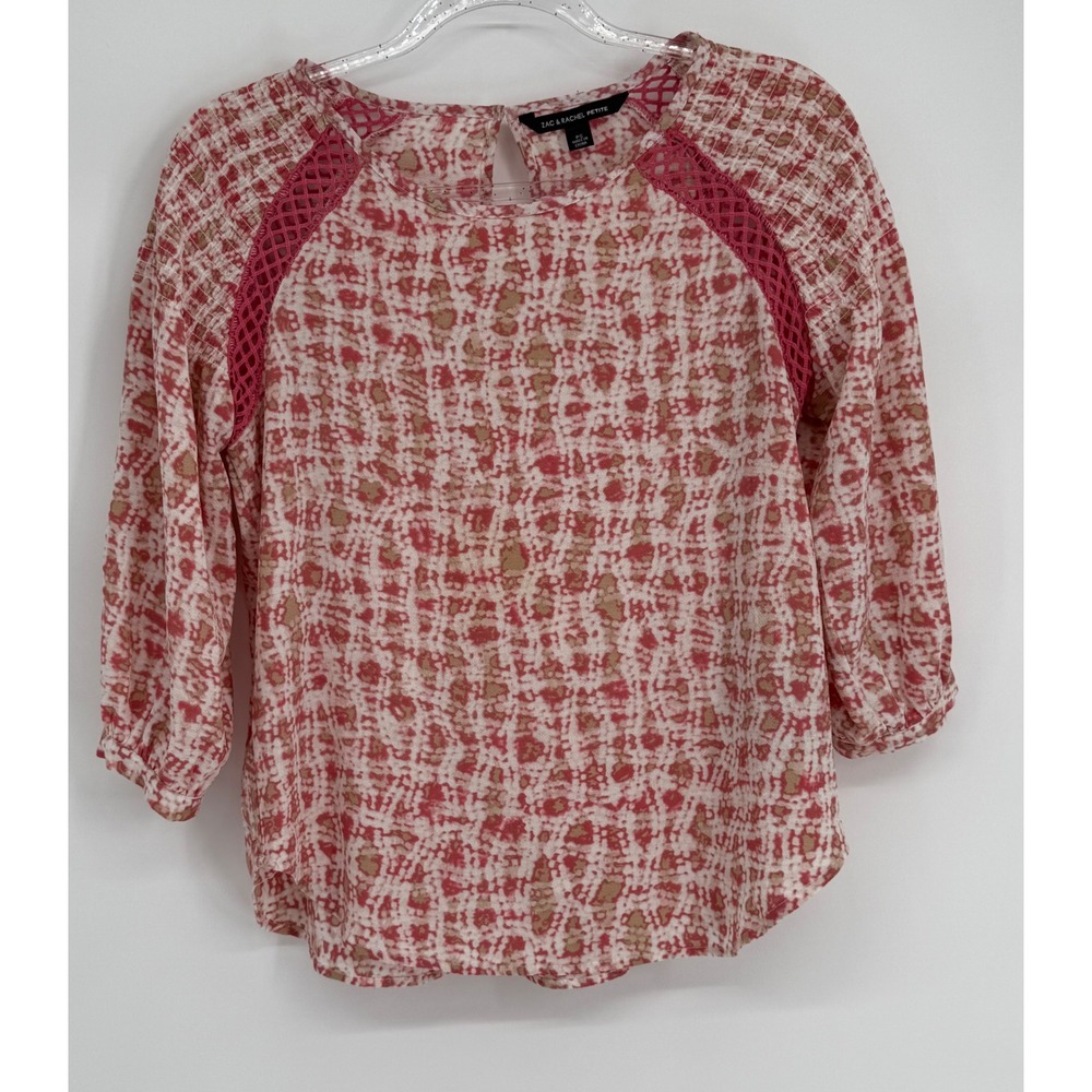 Zac & Rachel Petite Pink Abstract Crochet Trim 3/4 Sleeve Blouse Sz PS